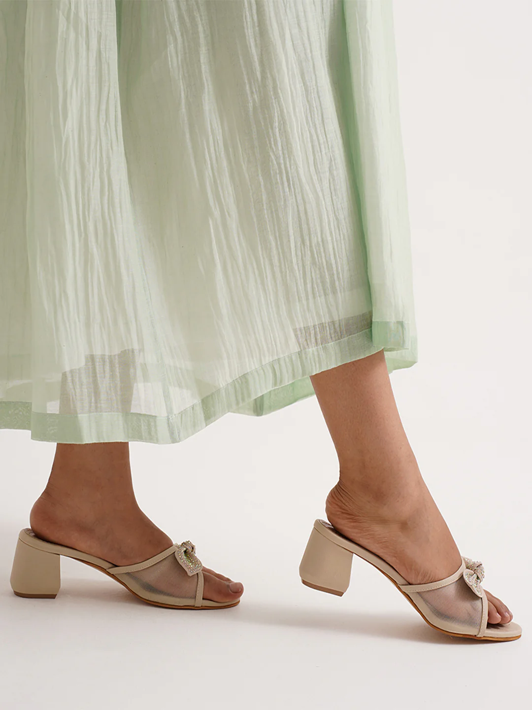 Bow Block Heel Mules for Women with Rhinestone Embellishment - Image 10