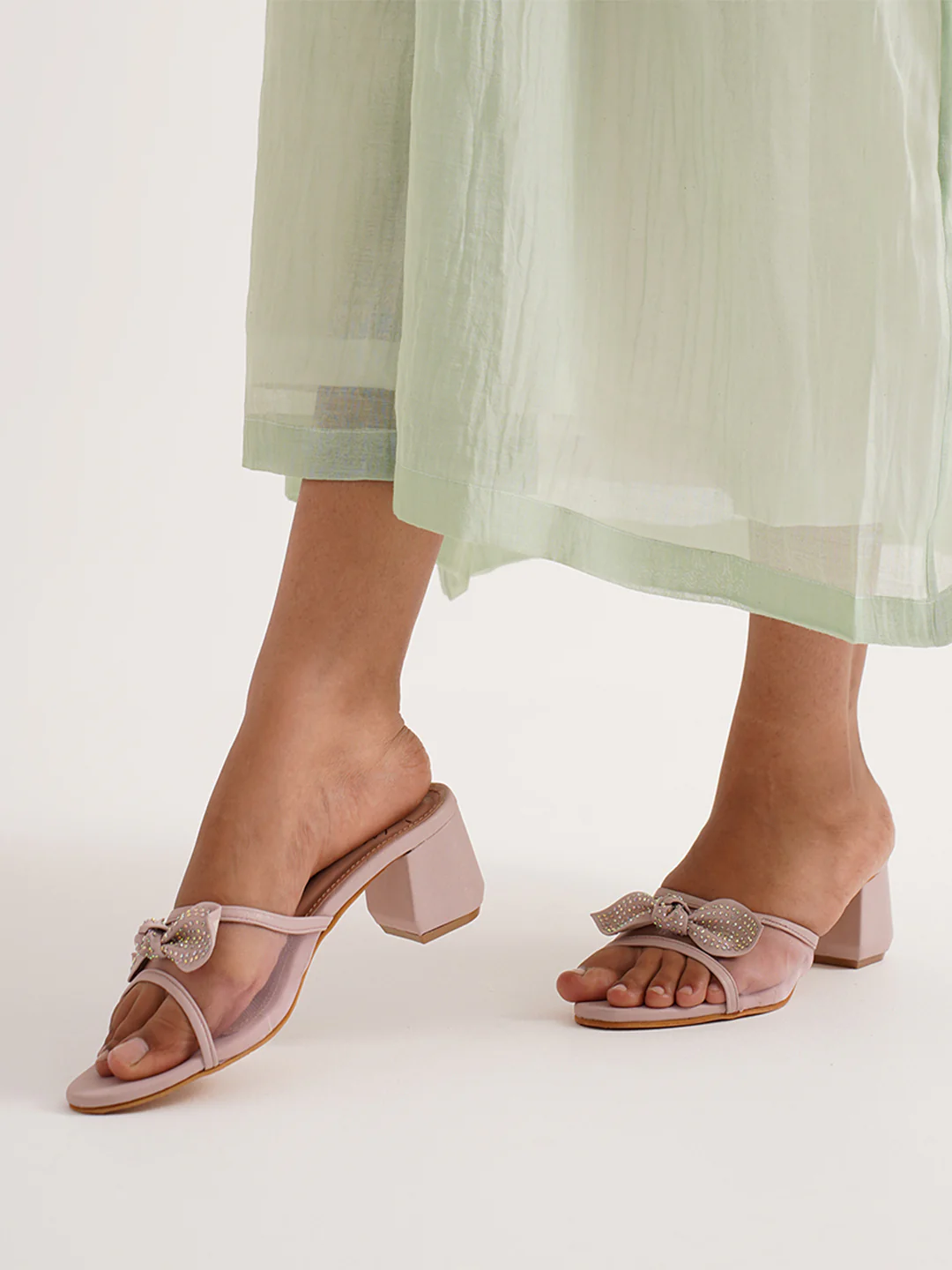 Bow Block Heel Mules for Women with Rhinestone Embellishment - Image 15