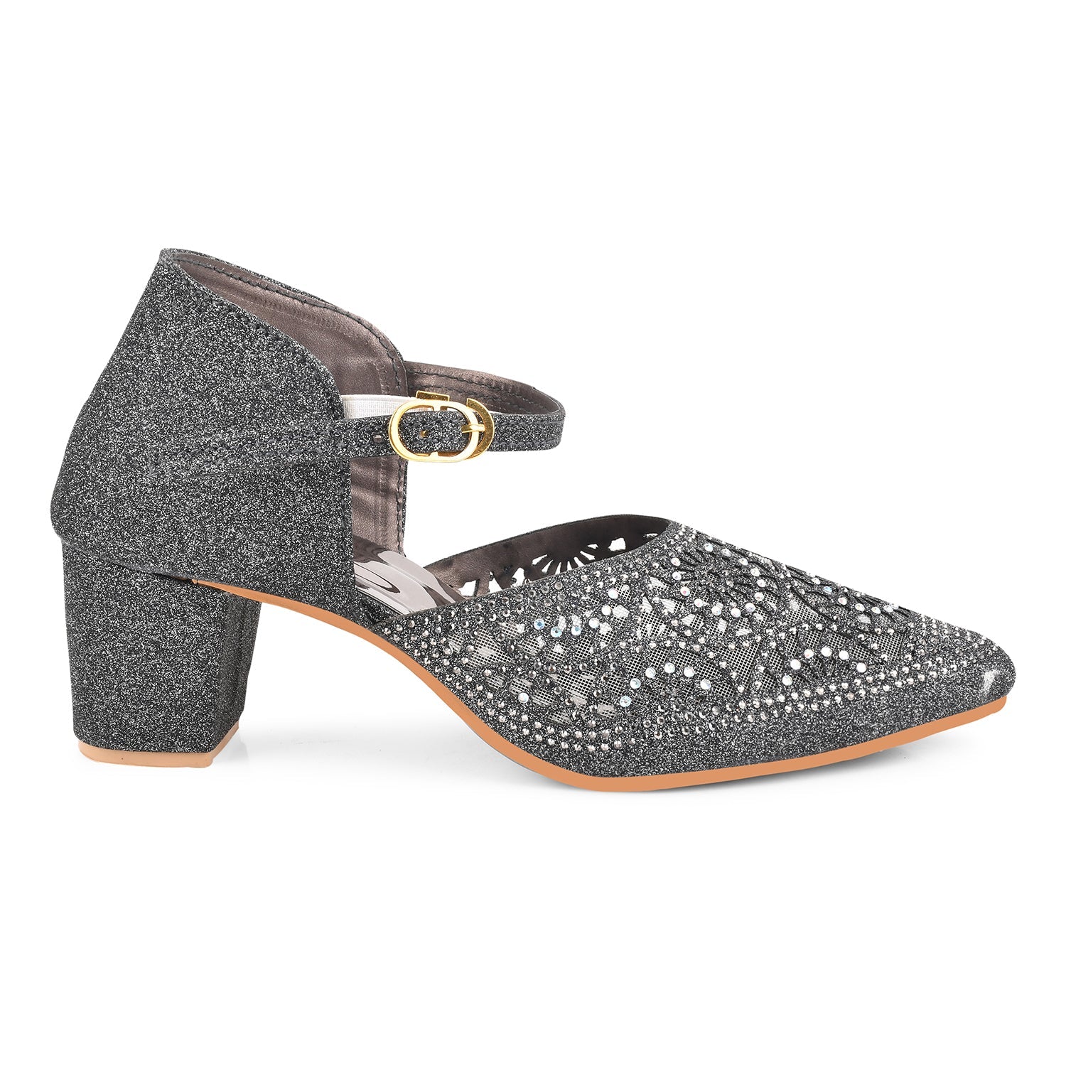 Glitter Block Heels for Women with Buckle Ankle Strap and Embellished Cutwork - Image 11