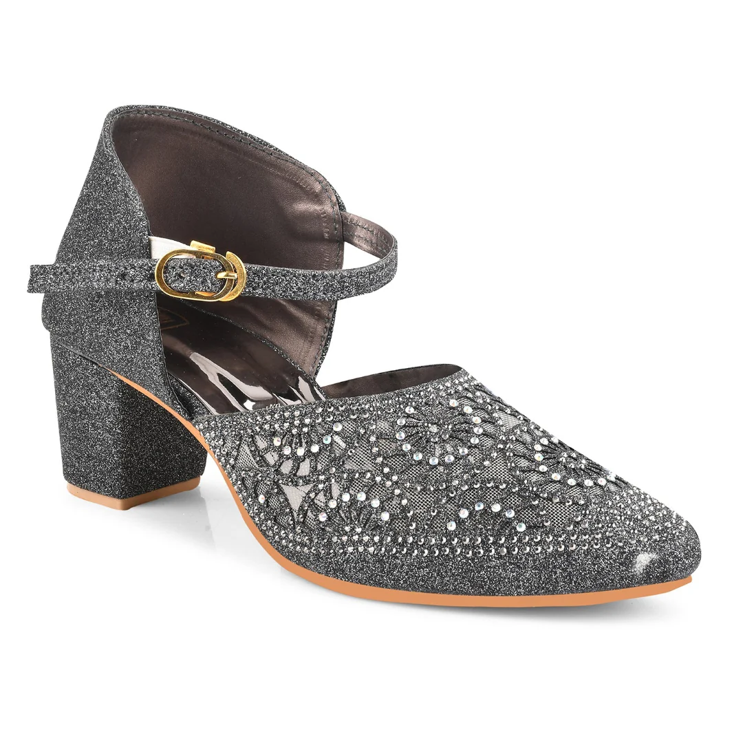 Glitter Block Heels for Women with Buckle Ankle Strap and Embellished Cutwork - Image 12