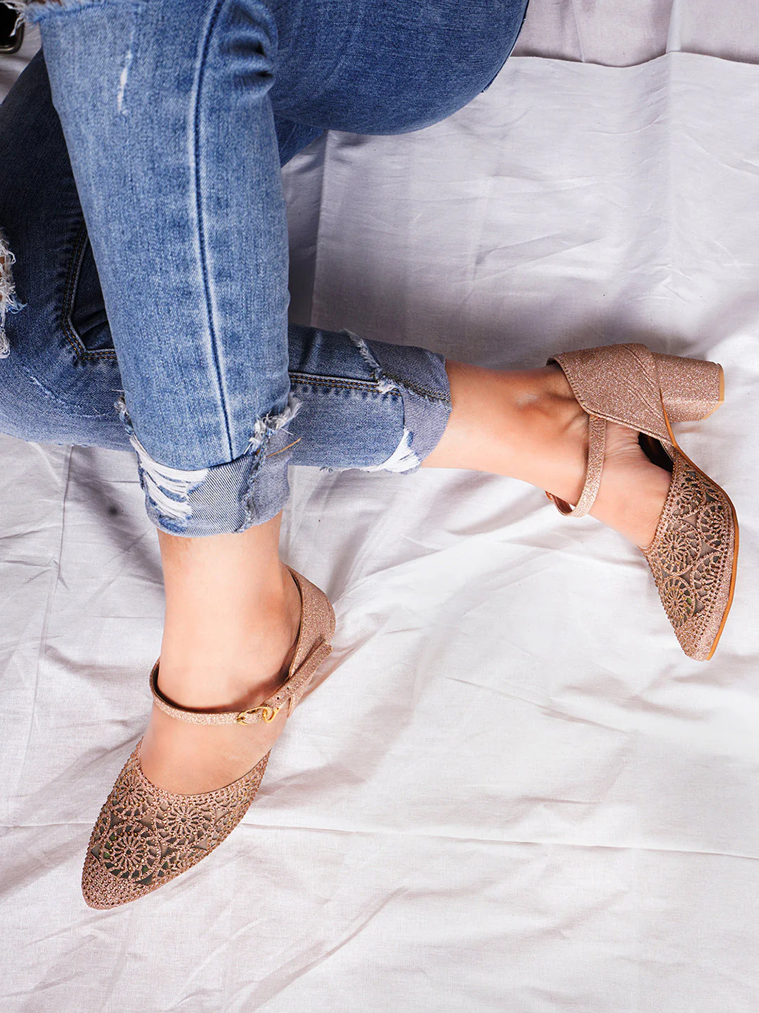 Glitter Block Heels for Women with Buckle Ankle Strap and Embellished Cutwork - Image 14