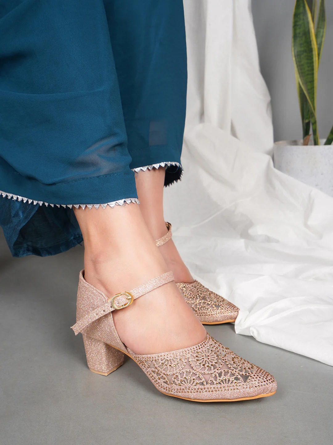 Glitter Block Heels for Women with Buckle Ankle Strap and Embellished Cutwork - Image 15