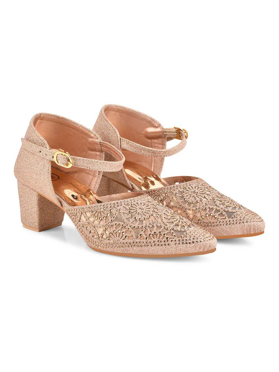 Glitter Block Heels for Women with Buckle Ankle Strap and Embellished Cutwork - Image 16