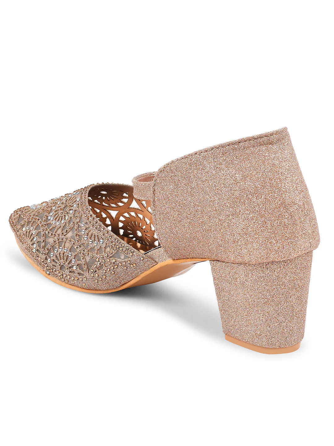 Glitter Block Heels for Women with Buckle Ankle Strap and Embellished Cutwork - Image 17