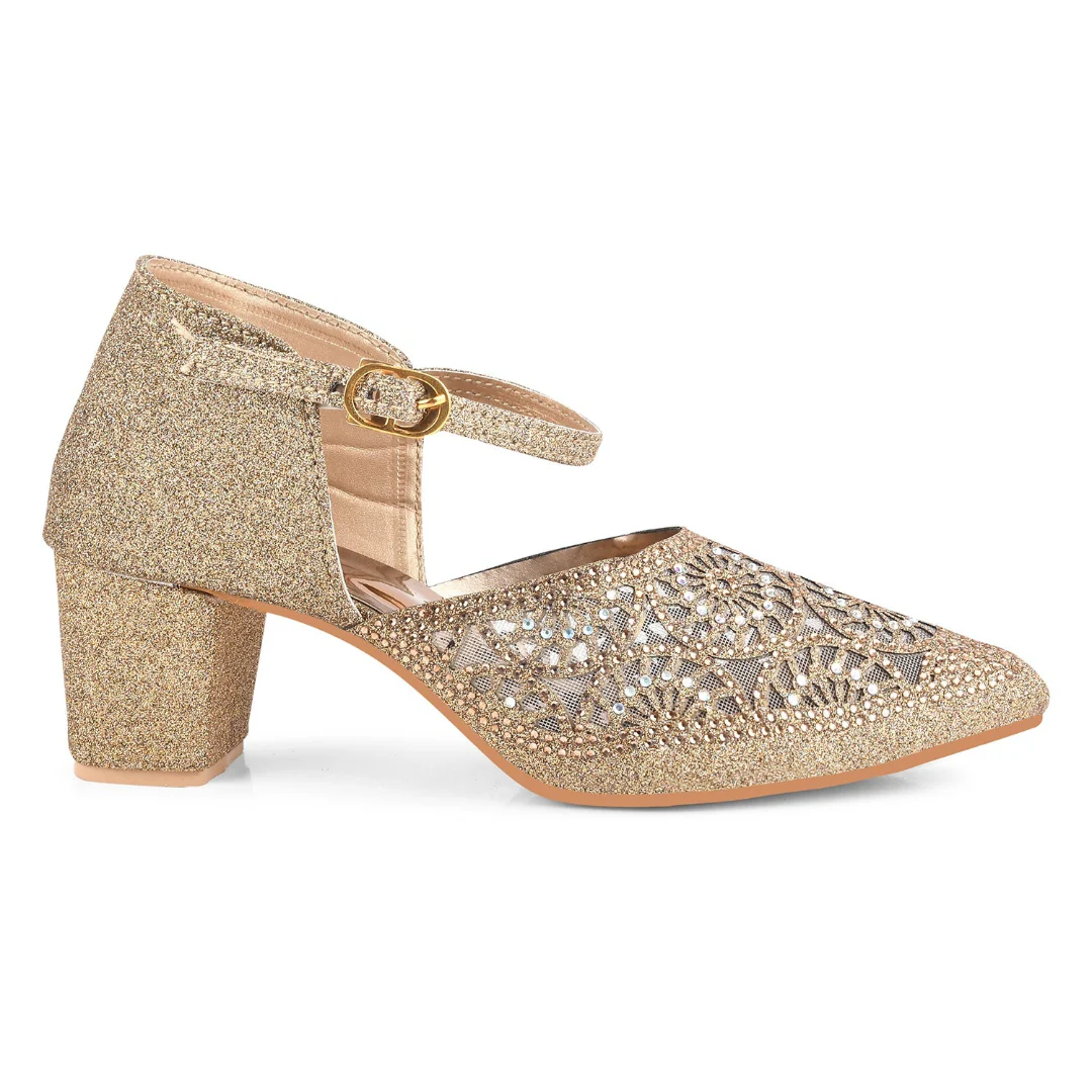 Glitter Block Heels for Women with Buckle Ankle Strap and Embellished Cutwork - Image 5