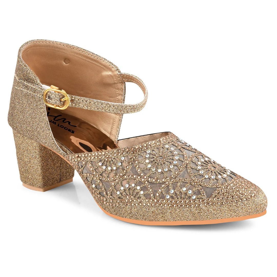 Glitter Block Heels for Women with Buckle Ankle Strap and Embellished Cutwork - Image 6