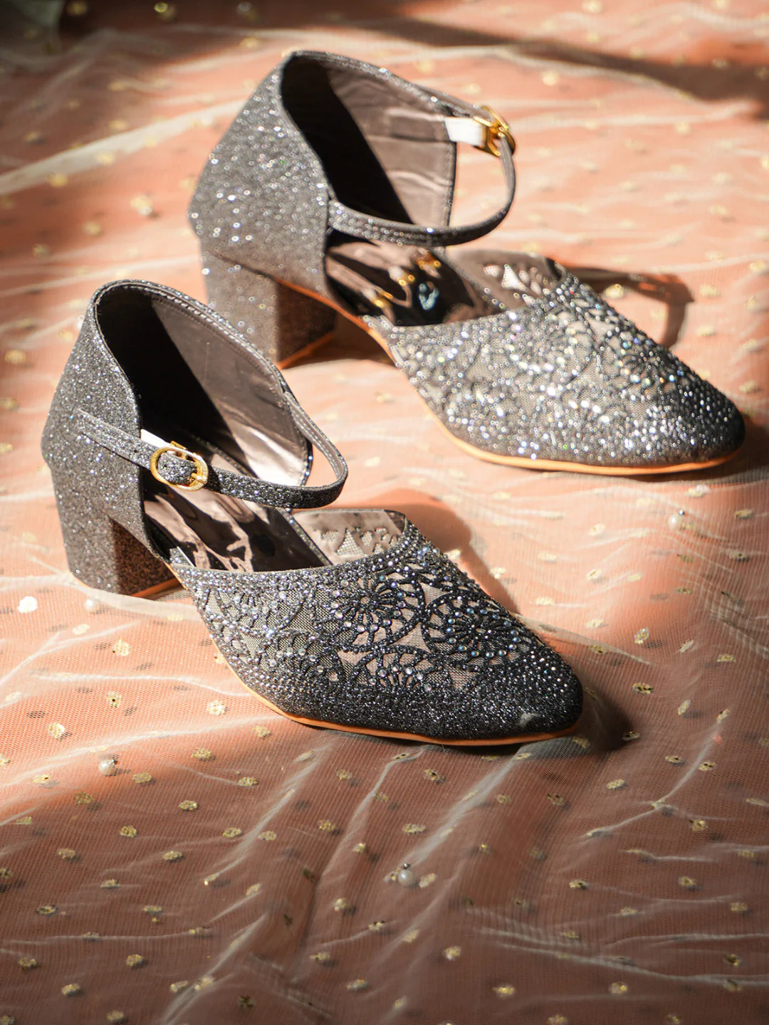 Glitter Block Heels for Women with Buckle Ankle Strap and Embellished Cutwork - Image 7