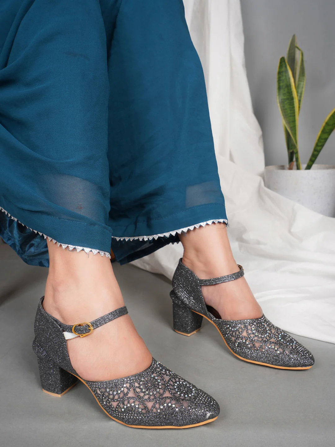 Glitter Block Heels for Women with Buckle Ankle Strap and Embellished Cutwork - Image 8