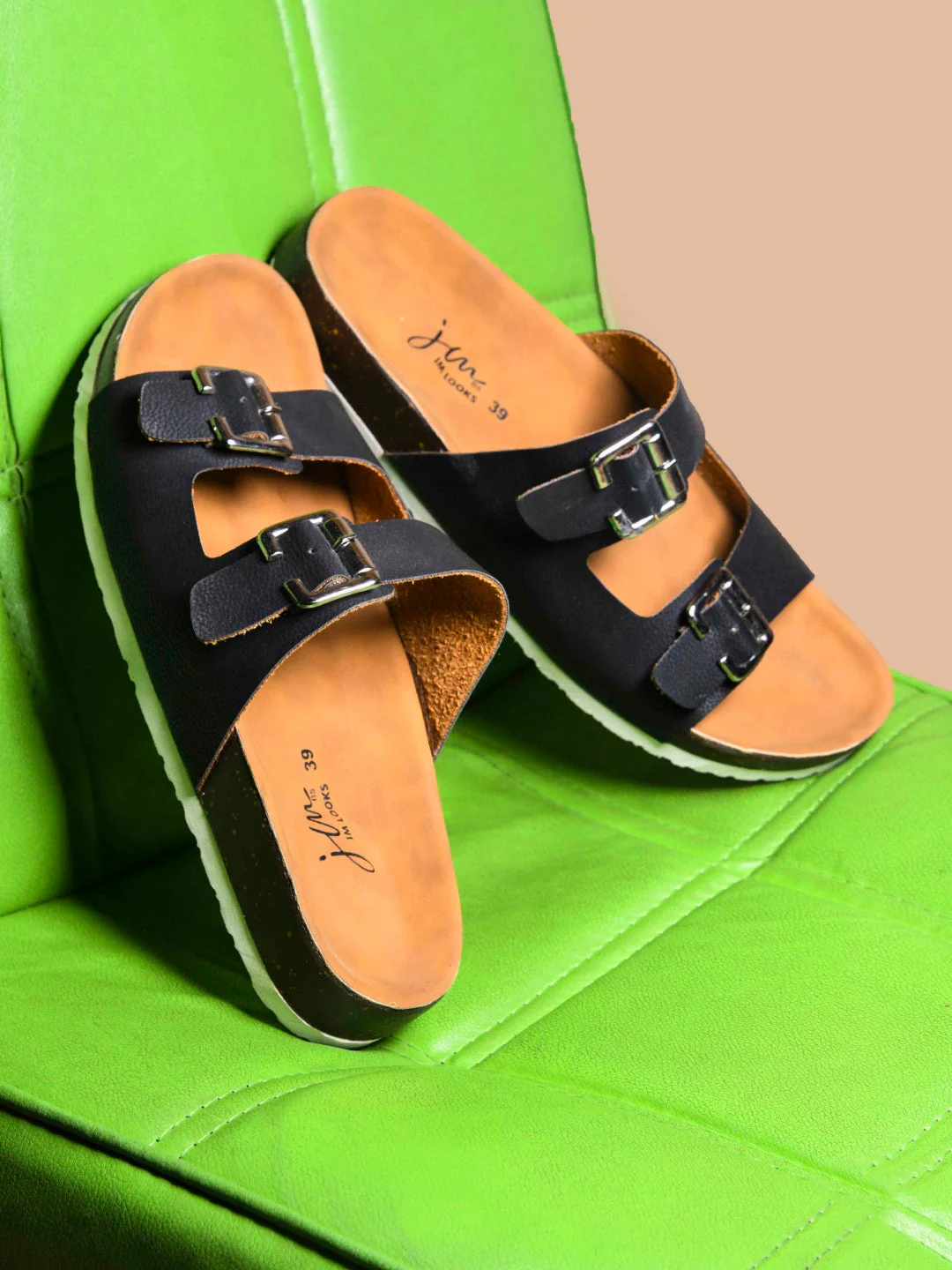 Women's Double Adjustable Strap Buckle Cork Footbed Slide Flat Sandals - Image 2