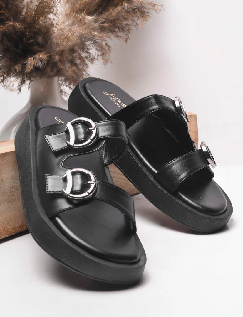 JM Looks Adjustable Double Buckle Platform Slides for Women, Flatform Sole - Image 2