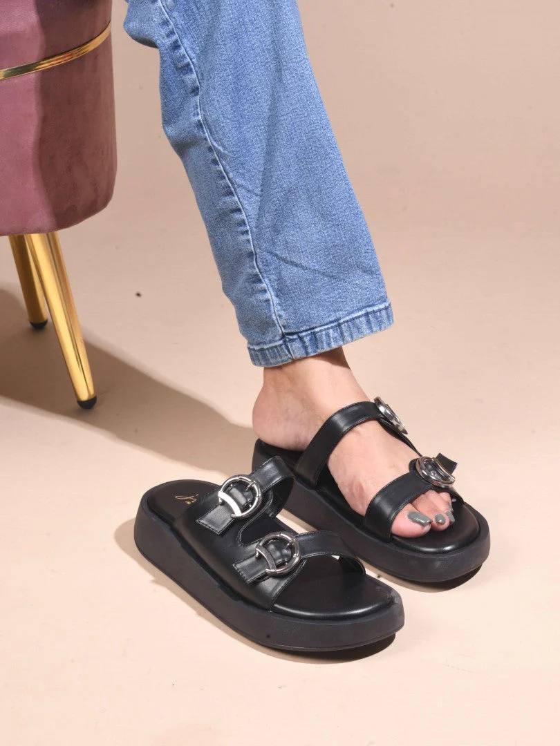 JM Looks Adjustable Double Buckle Platform Slides for Women, Flatform Sole - Image 4