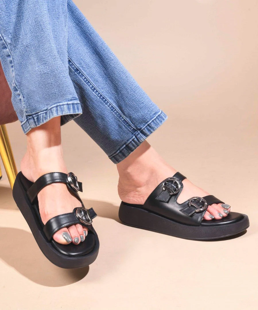 JM Looks Adjustable Double Buckle Platform Slides for Women, Flatform Sole - Image 5