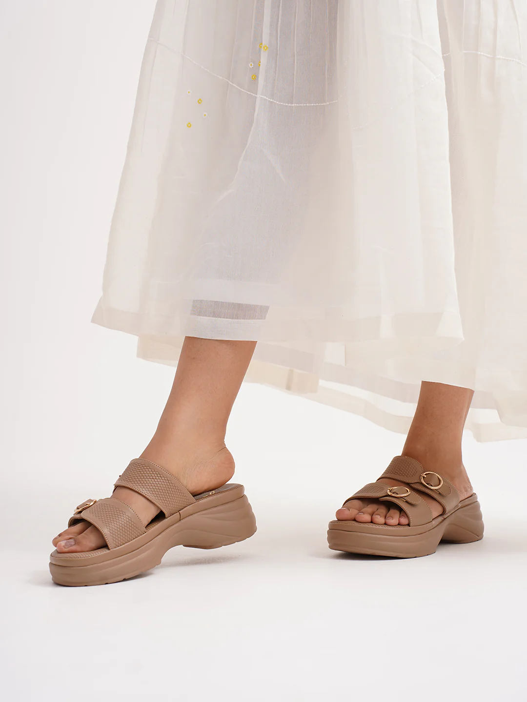 Cushioned Platform Buckle Slides Sandals with Textured Straps and Chunky Sole