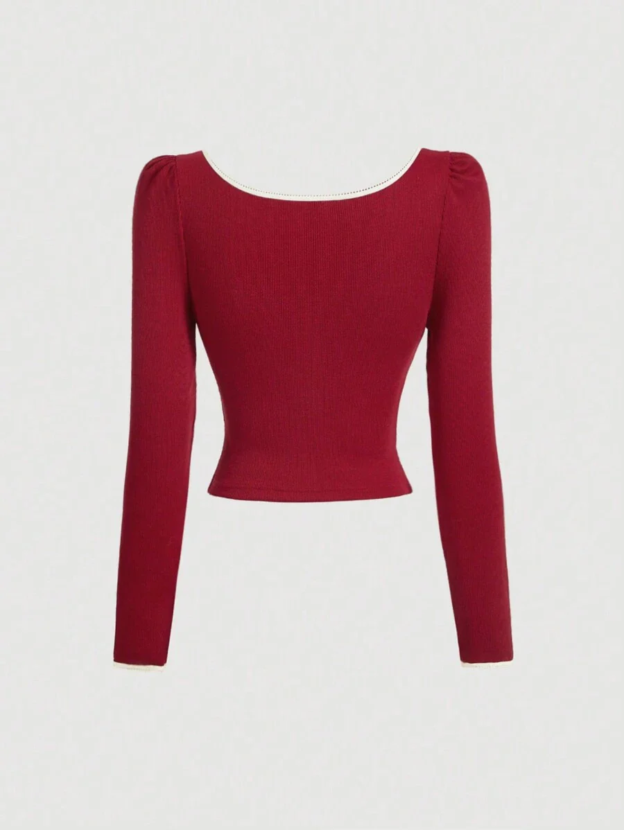 Square Neck Tie-Up Crop Top with Full Sleeves - Image 4