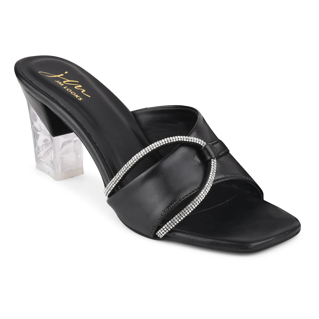 Crystal Open Toe Block Heels Mules with Embellished Strap for Women - Image 12