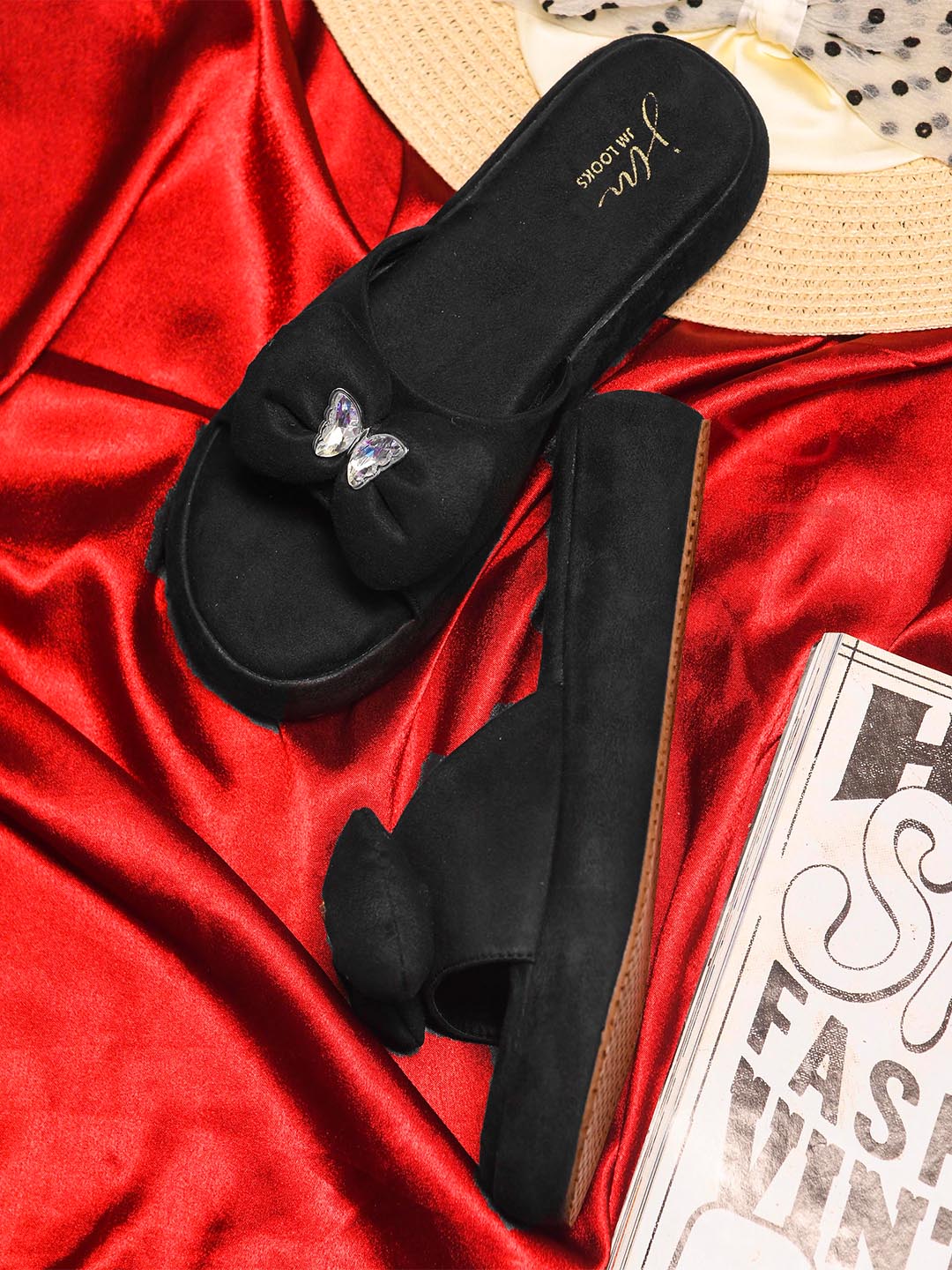Crystal Butterfly Bow Suede Platform Slide Sandals For Women - Image 9