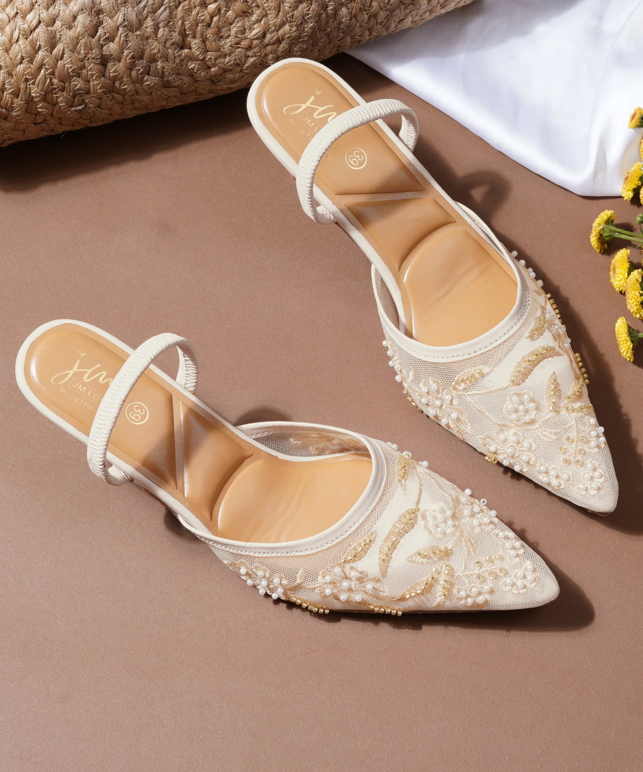 Delicate Pearl Embellished Pointed Heel Mules