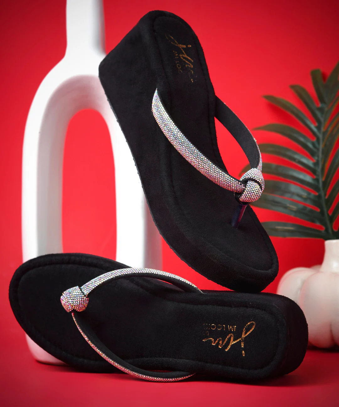 Embellished Platform Wedge Heels for Women Thong Slip-On Sandals - Image 4