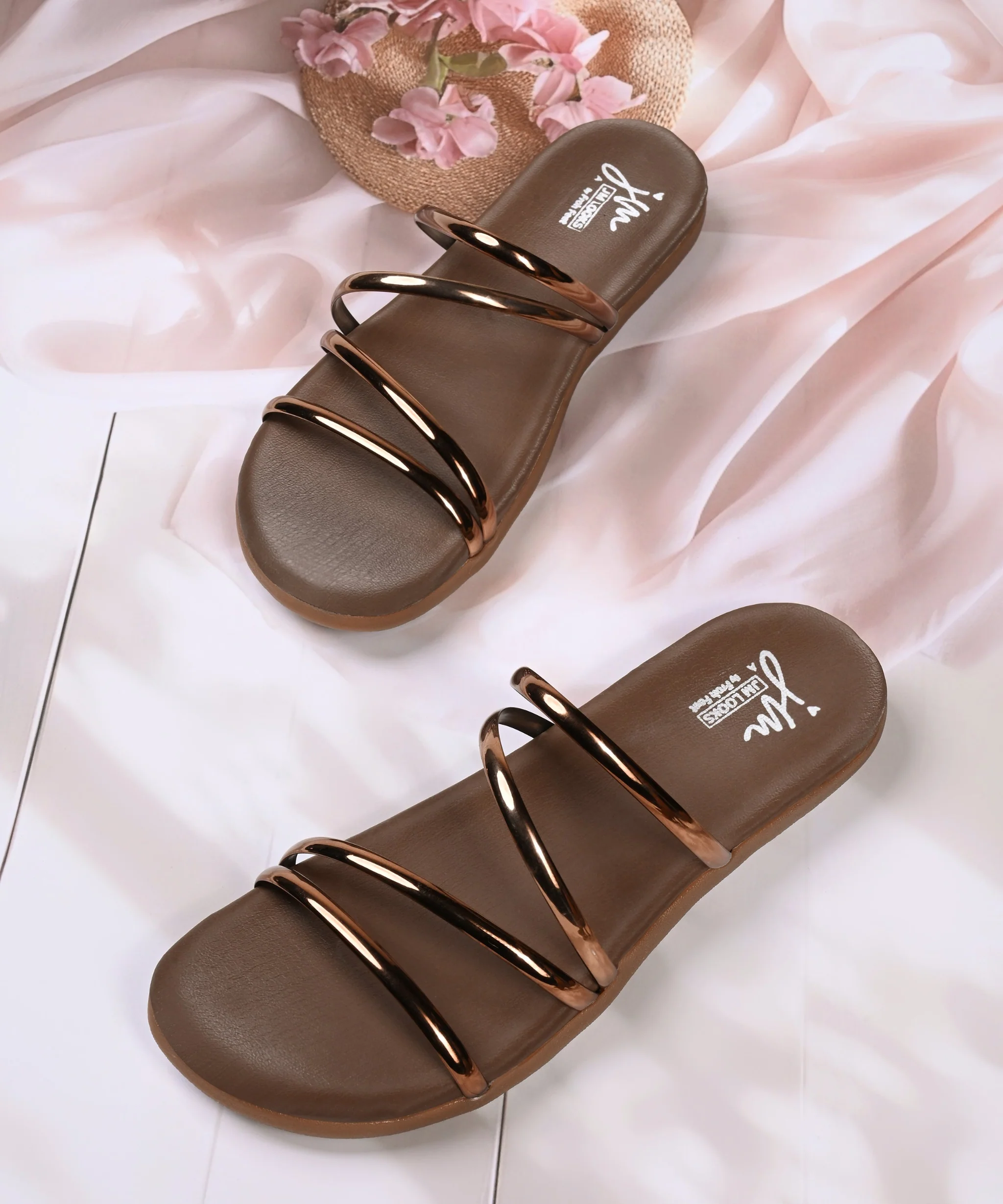 Elegant Flat Slides With Gold Straps