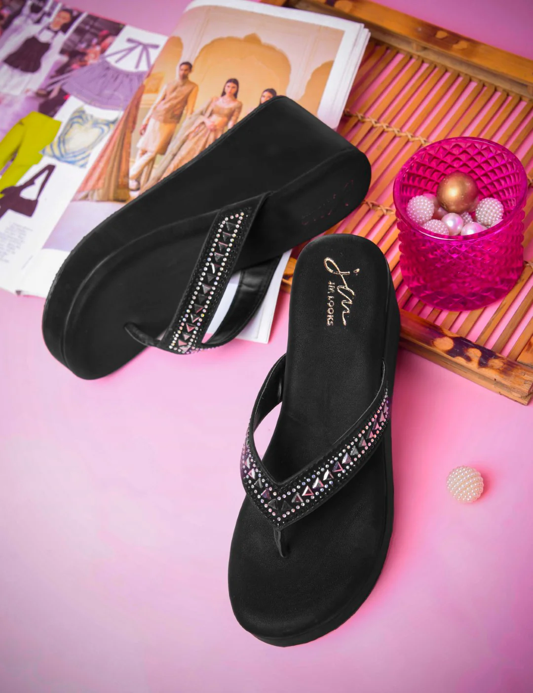 JM Looks Elegant Studded Platform Flip Flops