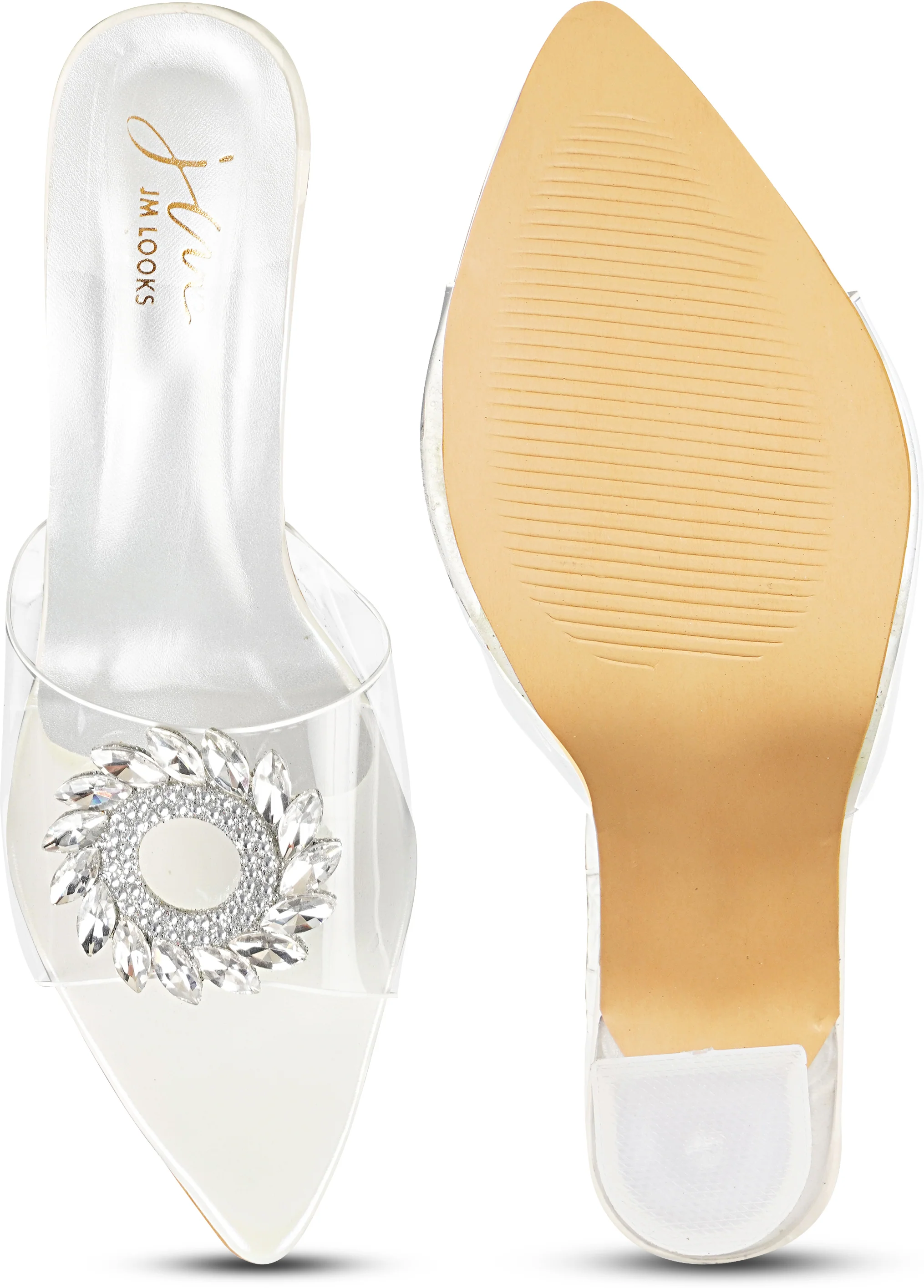Crystal Embellished Transparent Block Heels for Women with Pointed Toe - Image 16