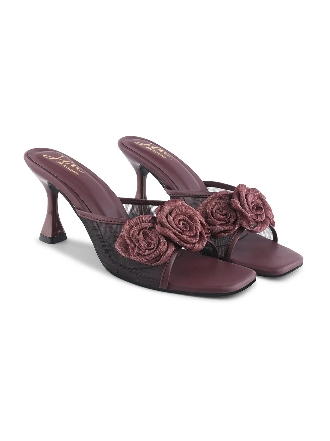 Floral Rosette Kitten Mule Heels for Women with Open Square Toe - Image 22