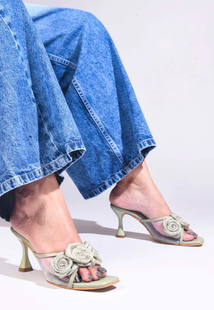 Floral Rosette Kitten Mule Heels for Women with Open Square Toe - Image 26