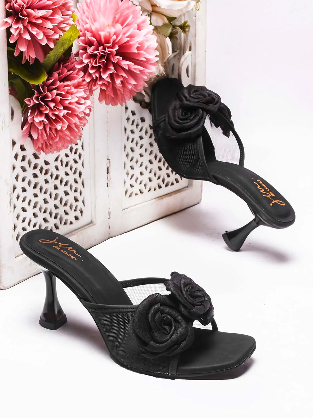 Floral Rosette Kitten Mule Heels for Women with Open Square Toe - Image 3