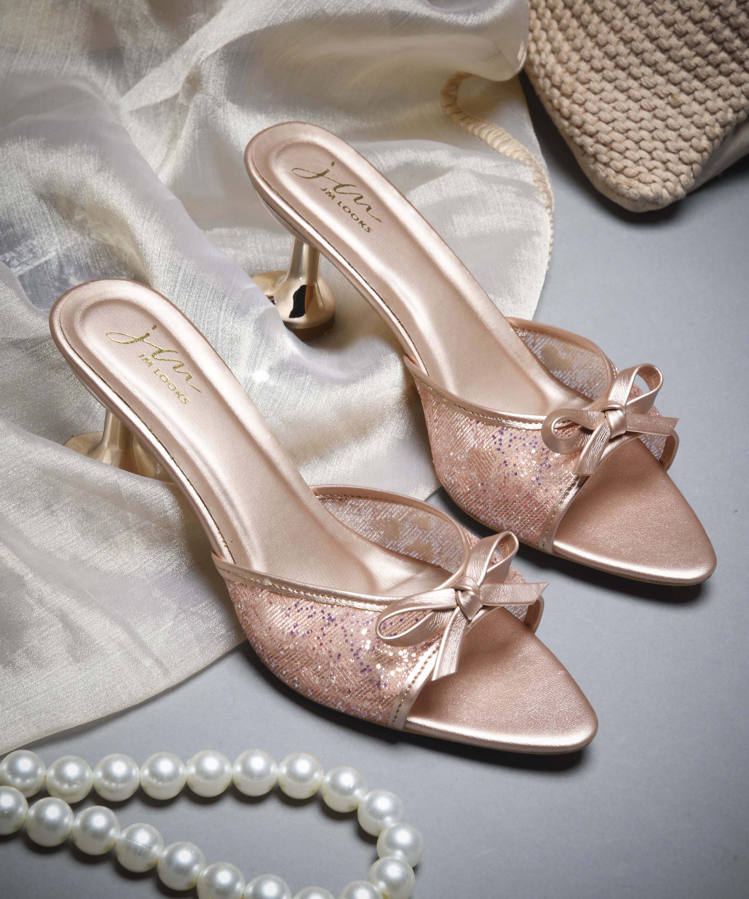 Glitter Mesh Spool, Kitten Heel Sandals with Bow Detail