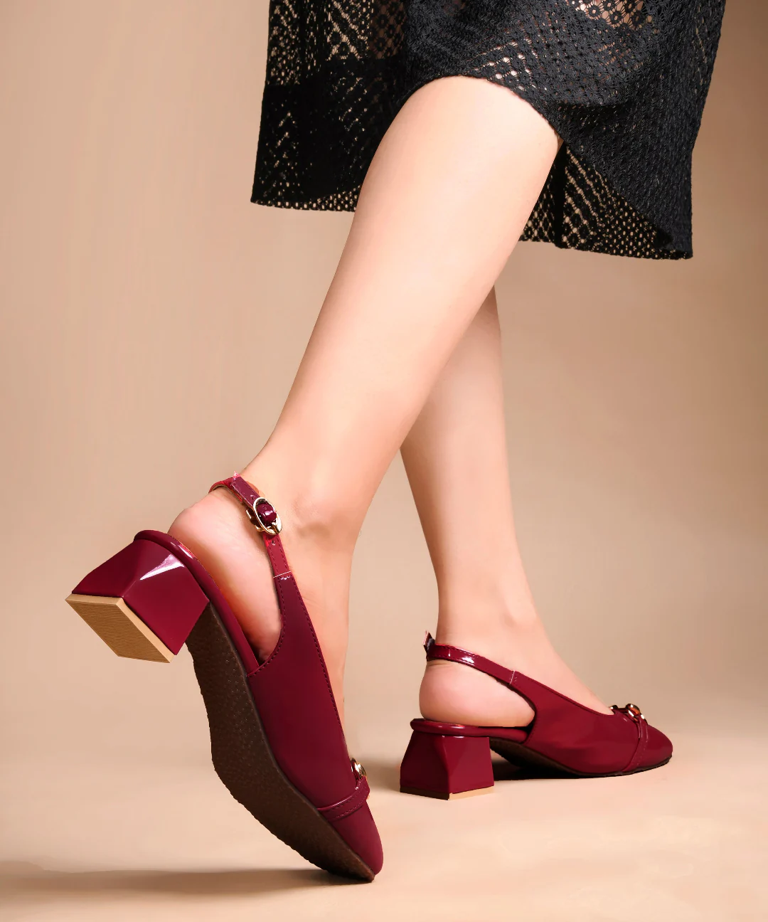 JM Looks Glossy Black Square-Toe Slingback Block Heels - Image 10