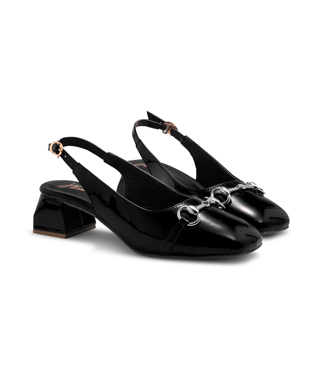 JM Looks Glossy Black Square-Toe Slingback Block Heels - Image 6