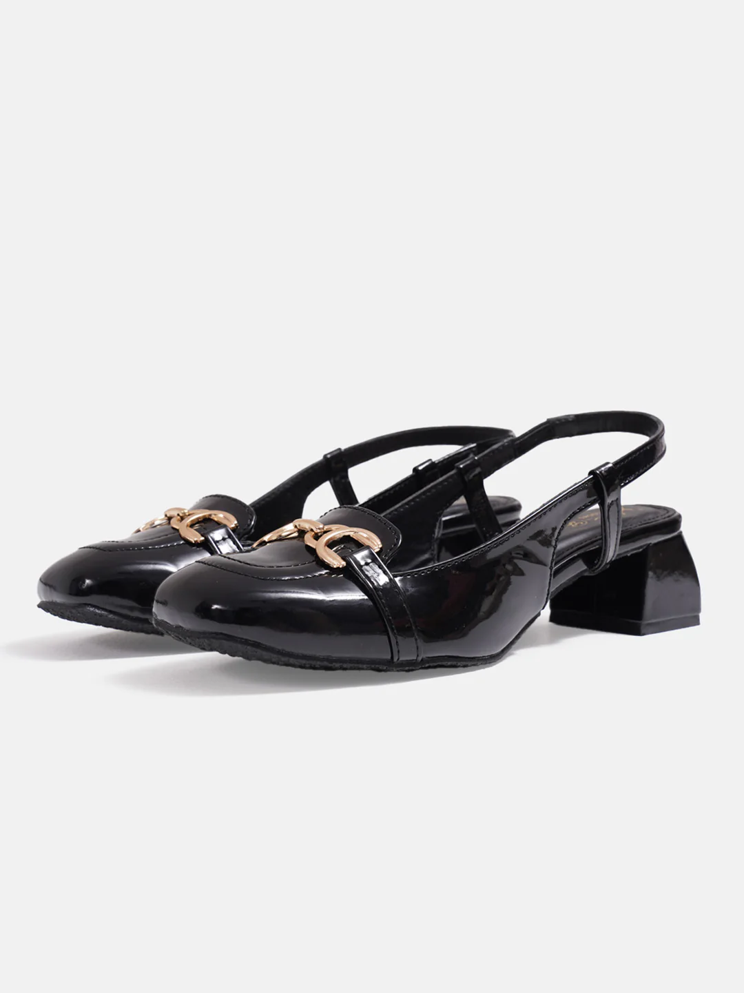 Glossy Gold Chain Slingback Loafers Block Heel with Ankle Strap - Image 10