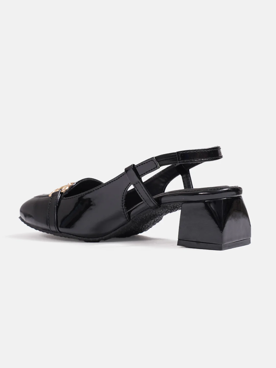 Glossy Gold Chain Slingback Loafers Block Heel with Ankle Strap - Image 11