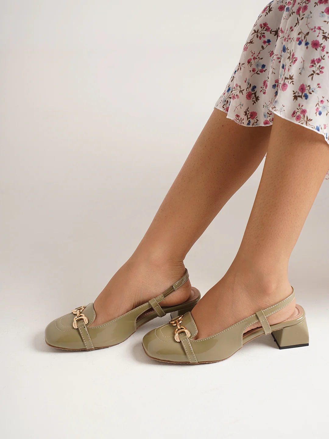 Glossy Gold Chain Slingback Loafers Block Heel with Ankle Strap - Image 12