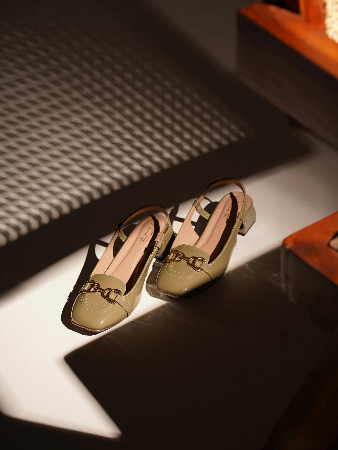 Glossy Gold Chain Slingback Loafers Block Heel with Ankle Strap - Image 13