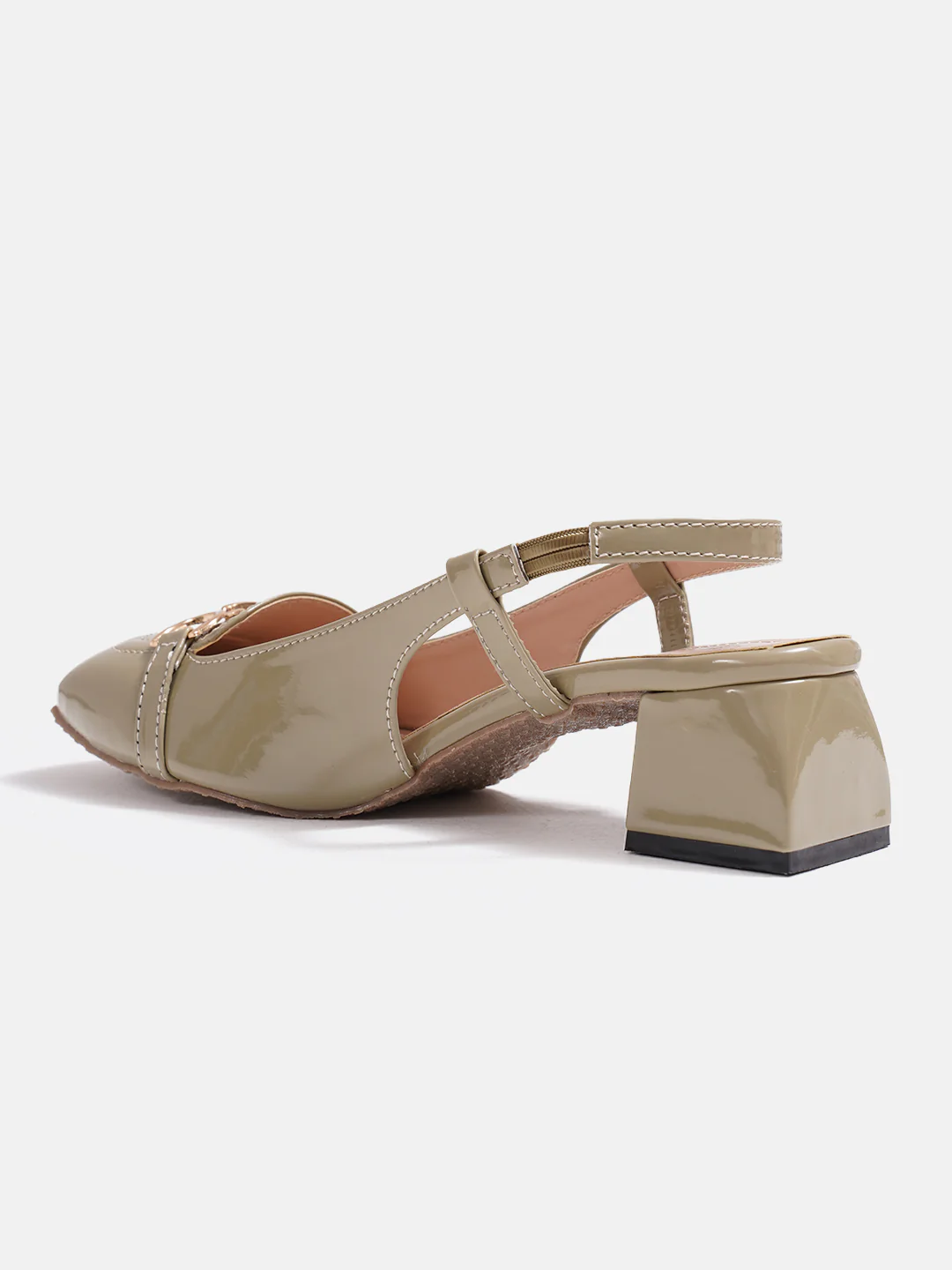 Glossy Gold Chain Slingback Loafers Block Heel with Ankle Strap - Image 17