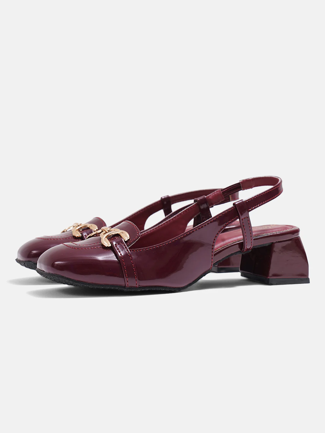 Glossy Gold Chain Slingback Loafers Block Heel with Ankle Strap - Image 6