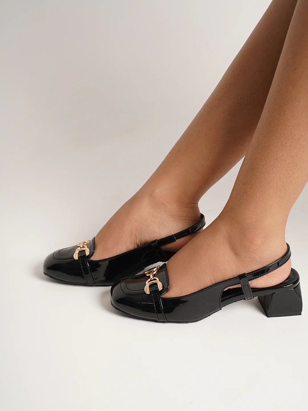 Glossy Gold Chain Slingback Loafers Block Heel with Ankle Strap - Image 8