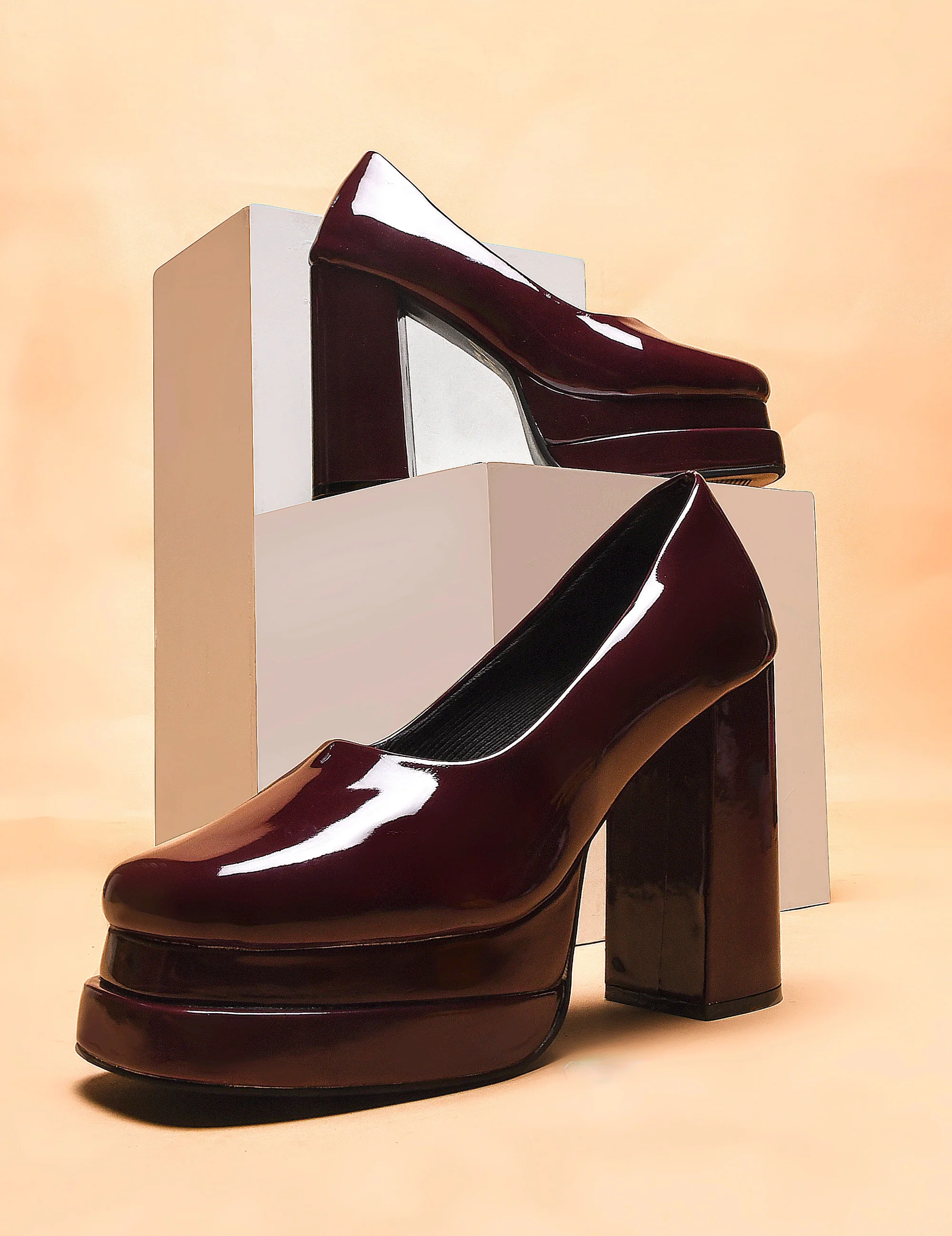 JM Looks Glossy Mary Jane Chunky Platform High Heels Closed Toe