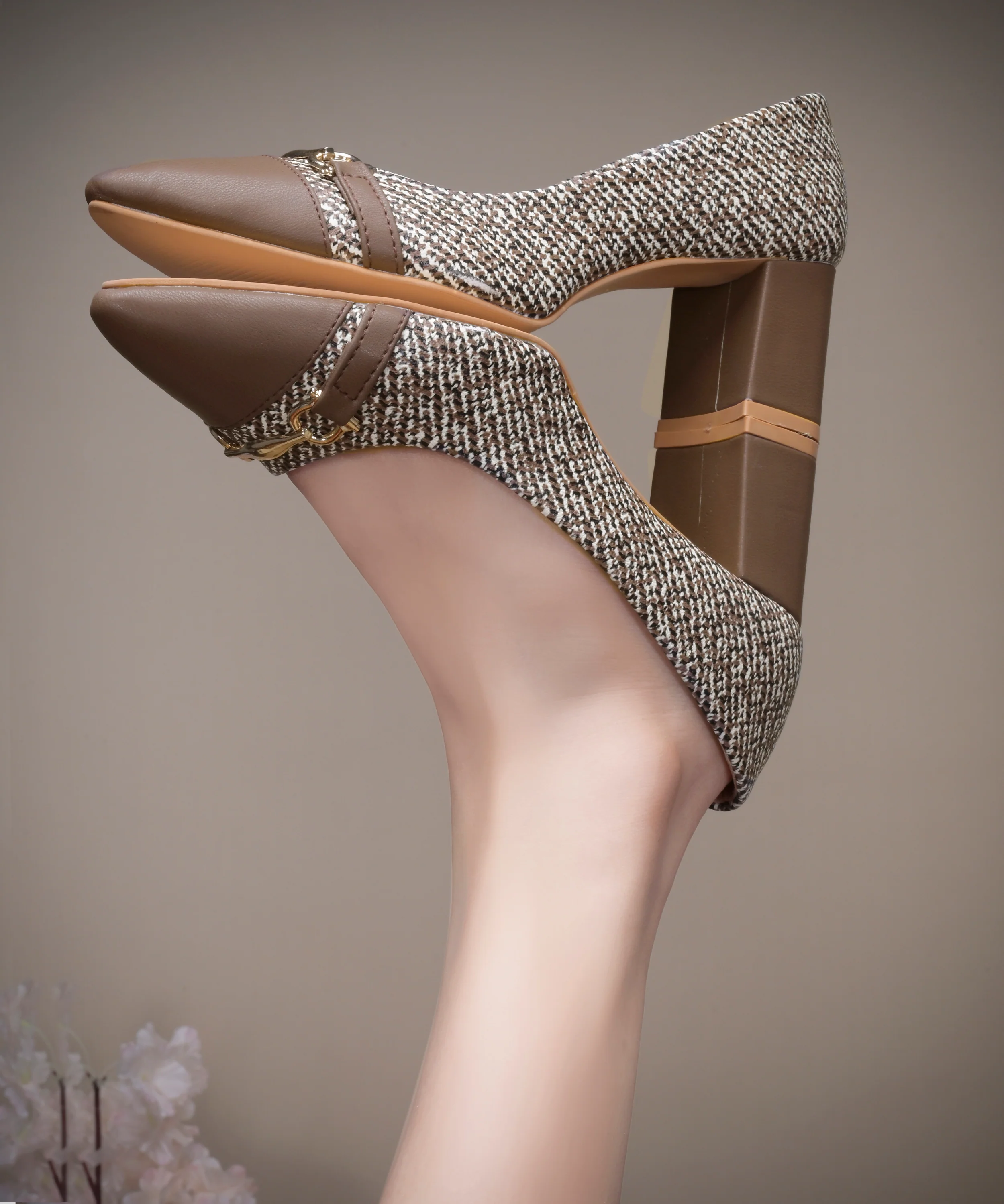 Heritage Luxe Tweed Heels with Signature Gold Detail - Image 2