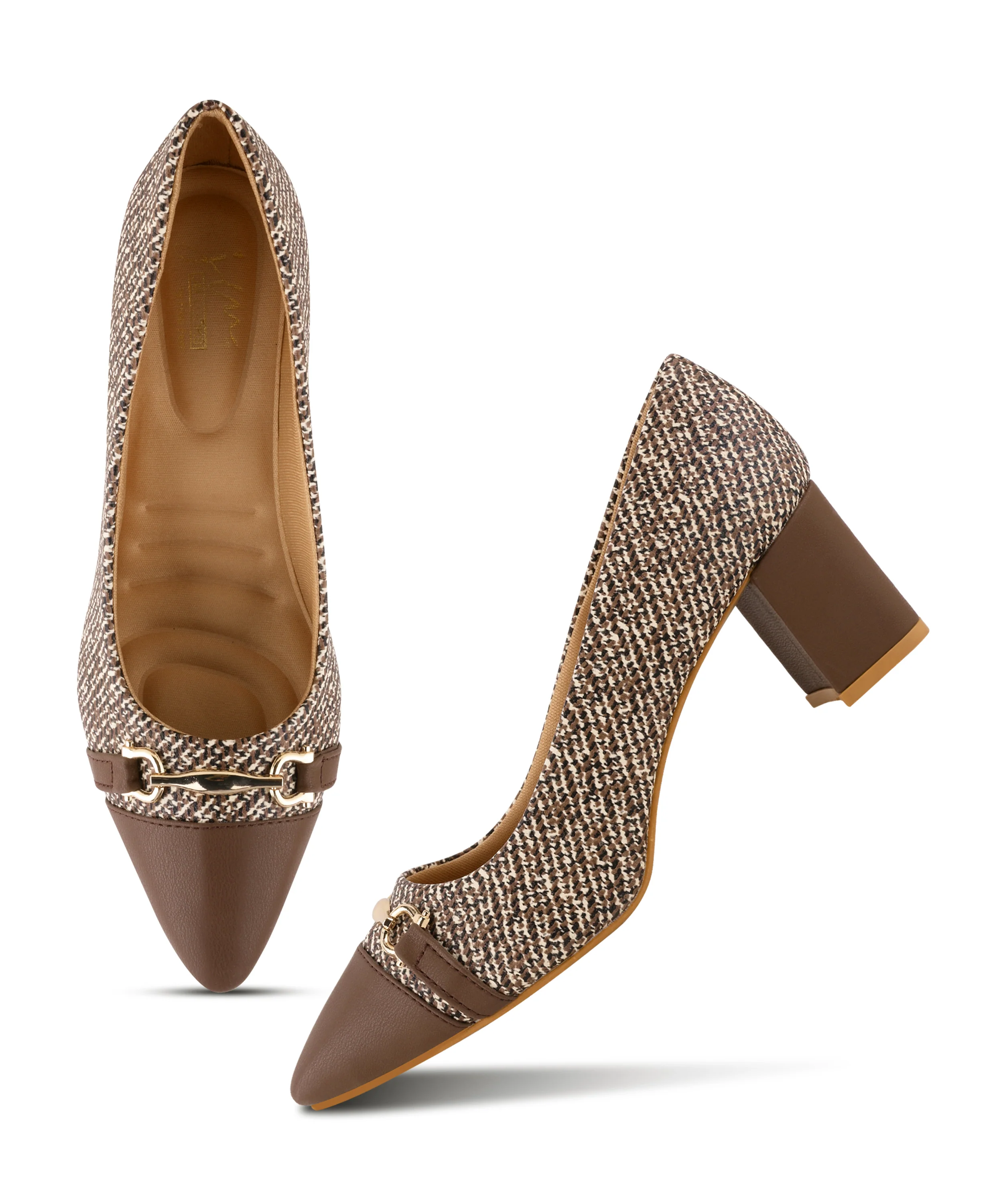 Heritage Luxe Tweed Heels with Signature Gold Detail - Image 5