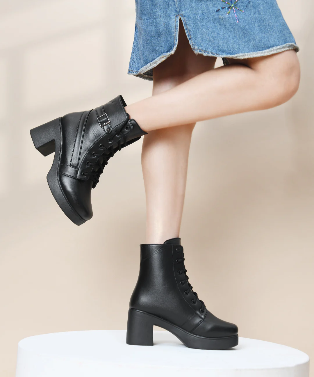 Lace-Up Block Heel Ankle Boots with Side Buckle - Image 4