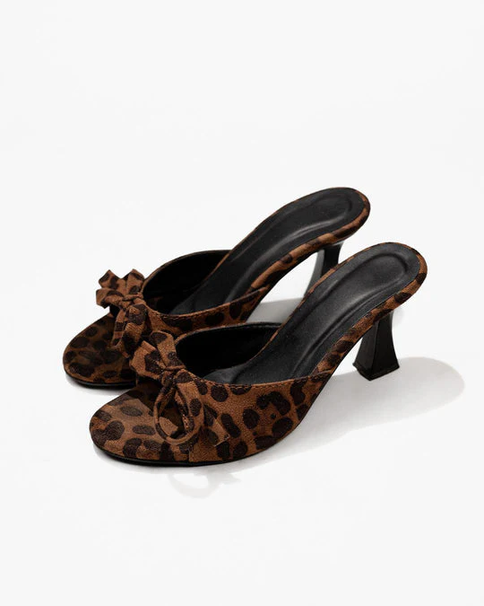 Women's Leopard Print Bow Mules Satin Kitten Heels with Spool Heel - Image 3