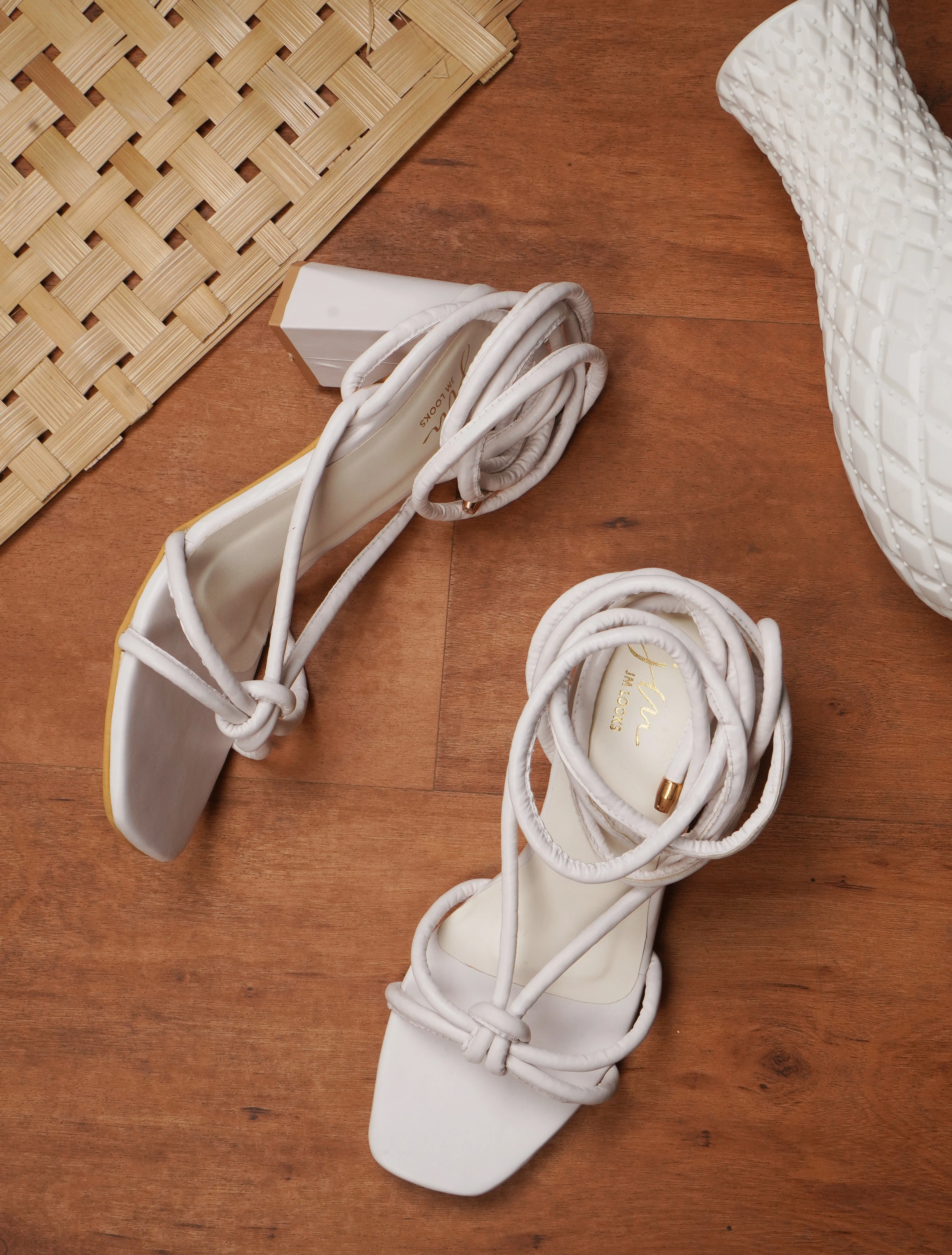 Open Toe Chunky Heeled Sandals with Laces Fastening