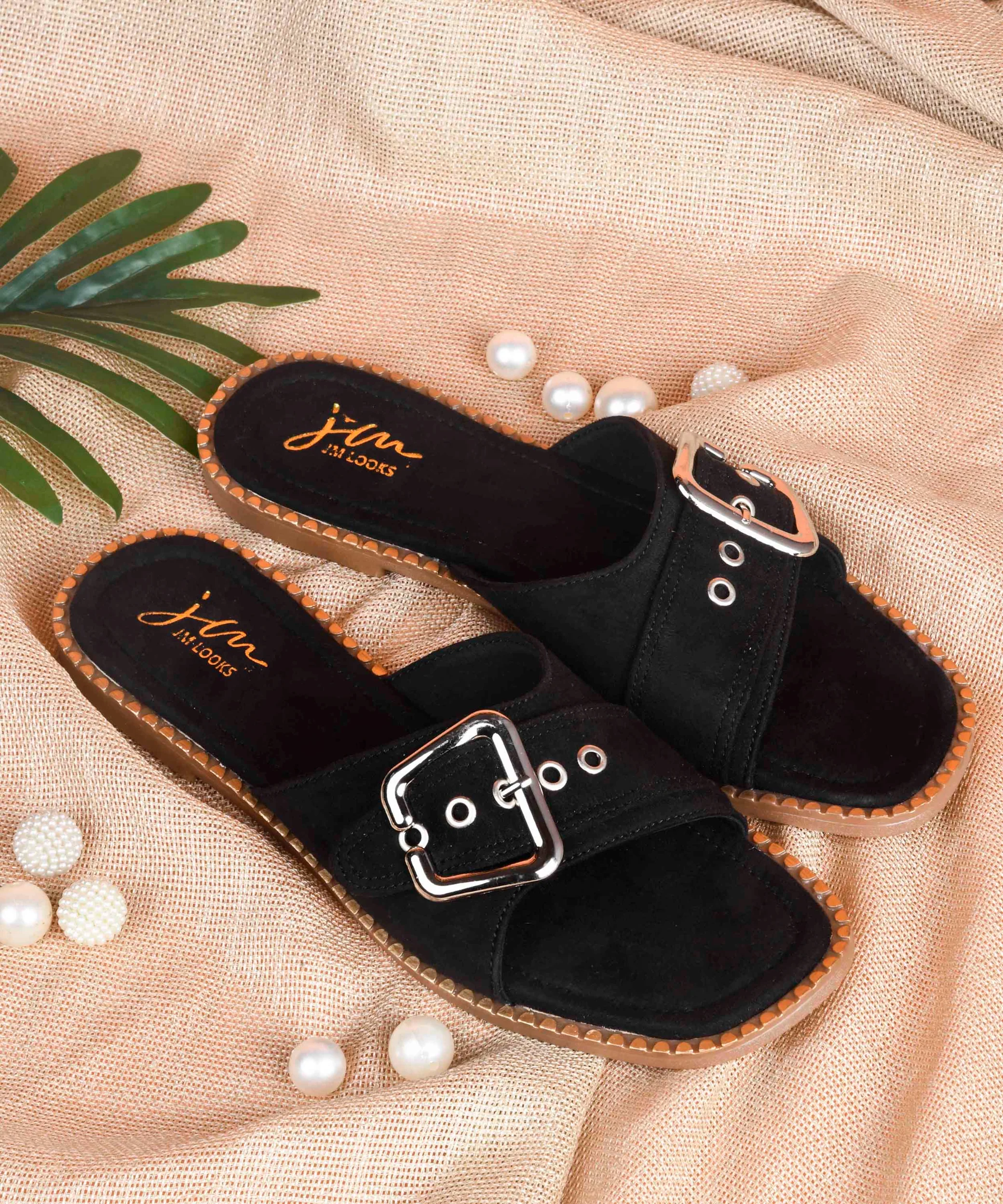 Open-Toe Flats Sliders with Statement Buckle