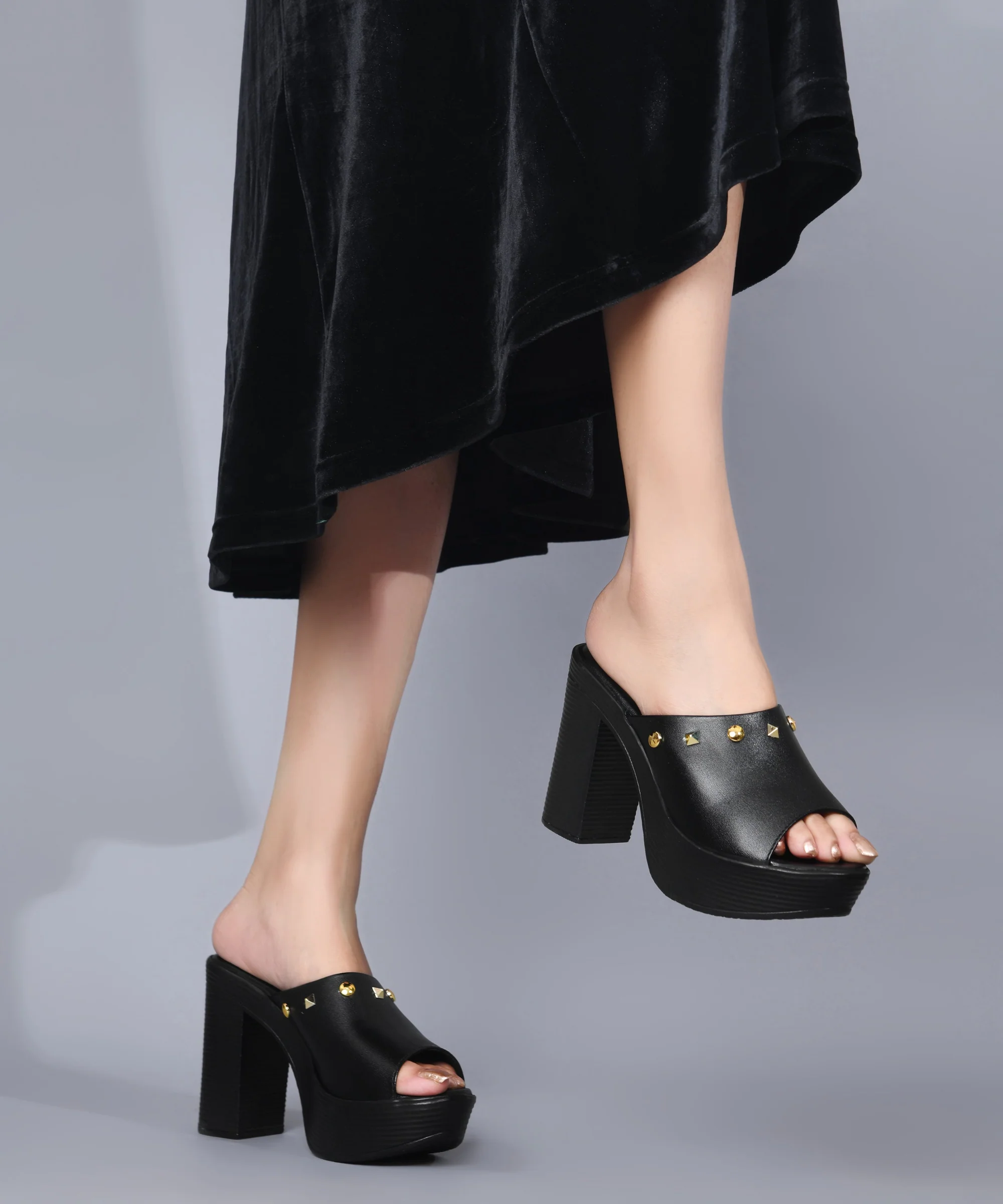 JM Looks Open-Toe Platform Block Heels with Studs - Image 10