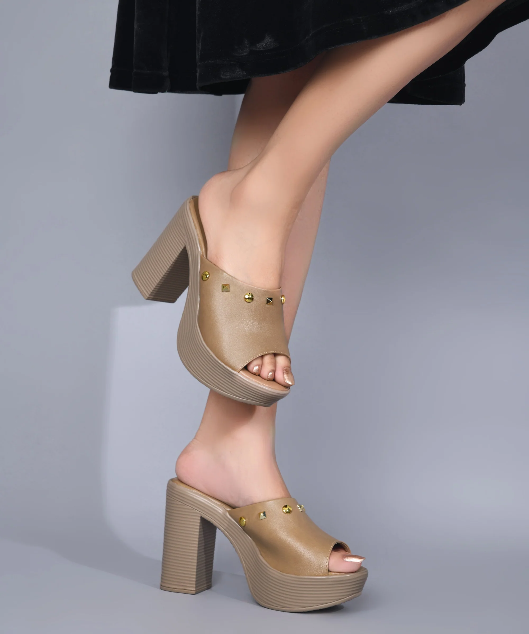 JM Looks Open-Toe Platform Block Heels with Studs - Image 4