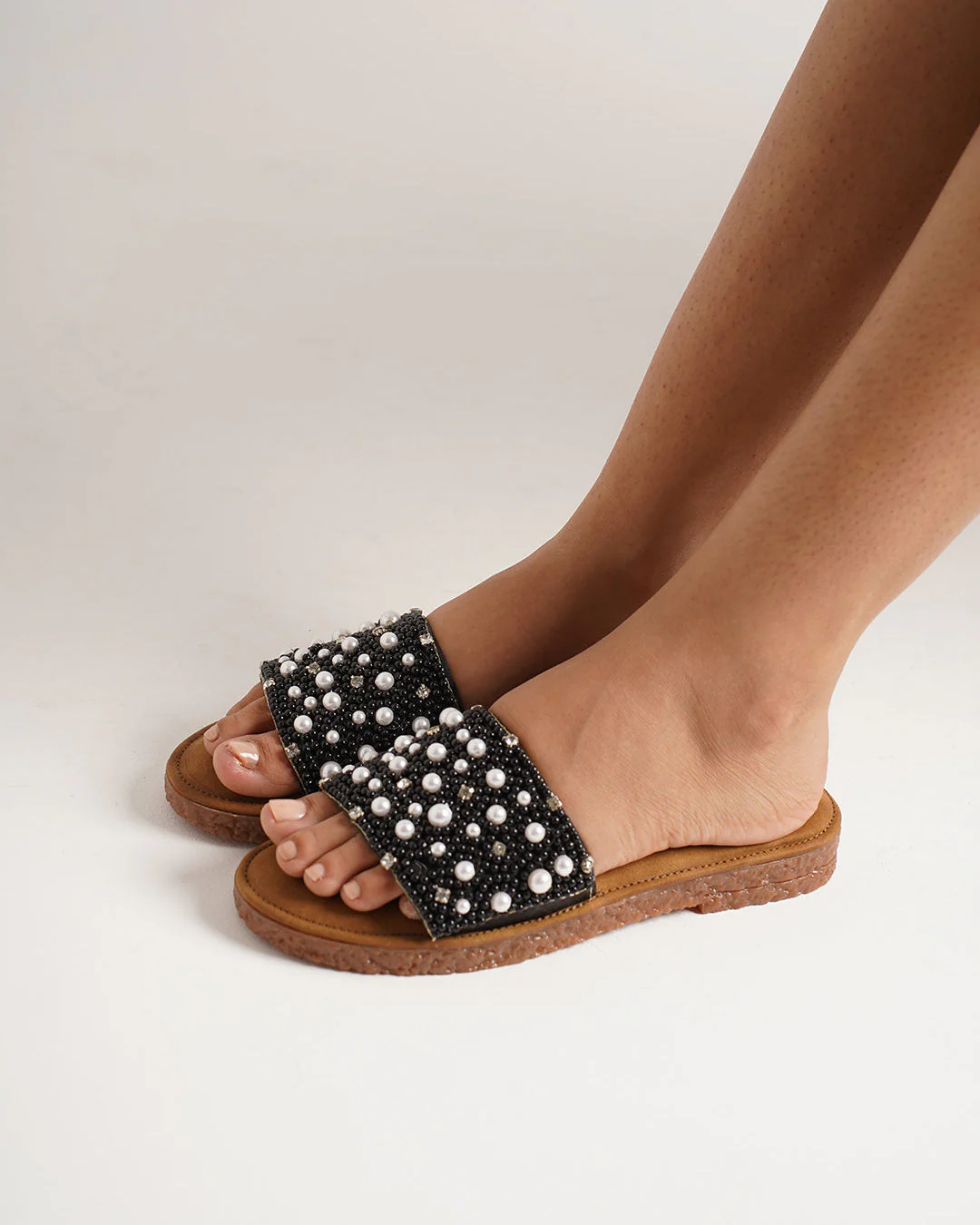 Pearl Embellished Rhinestone Flat Slides Sandals with Cushioned Suede Footbed Comfort. - Image 10
