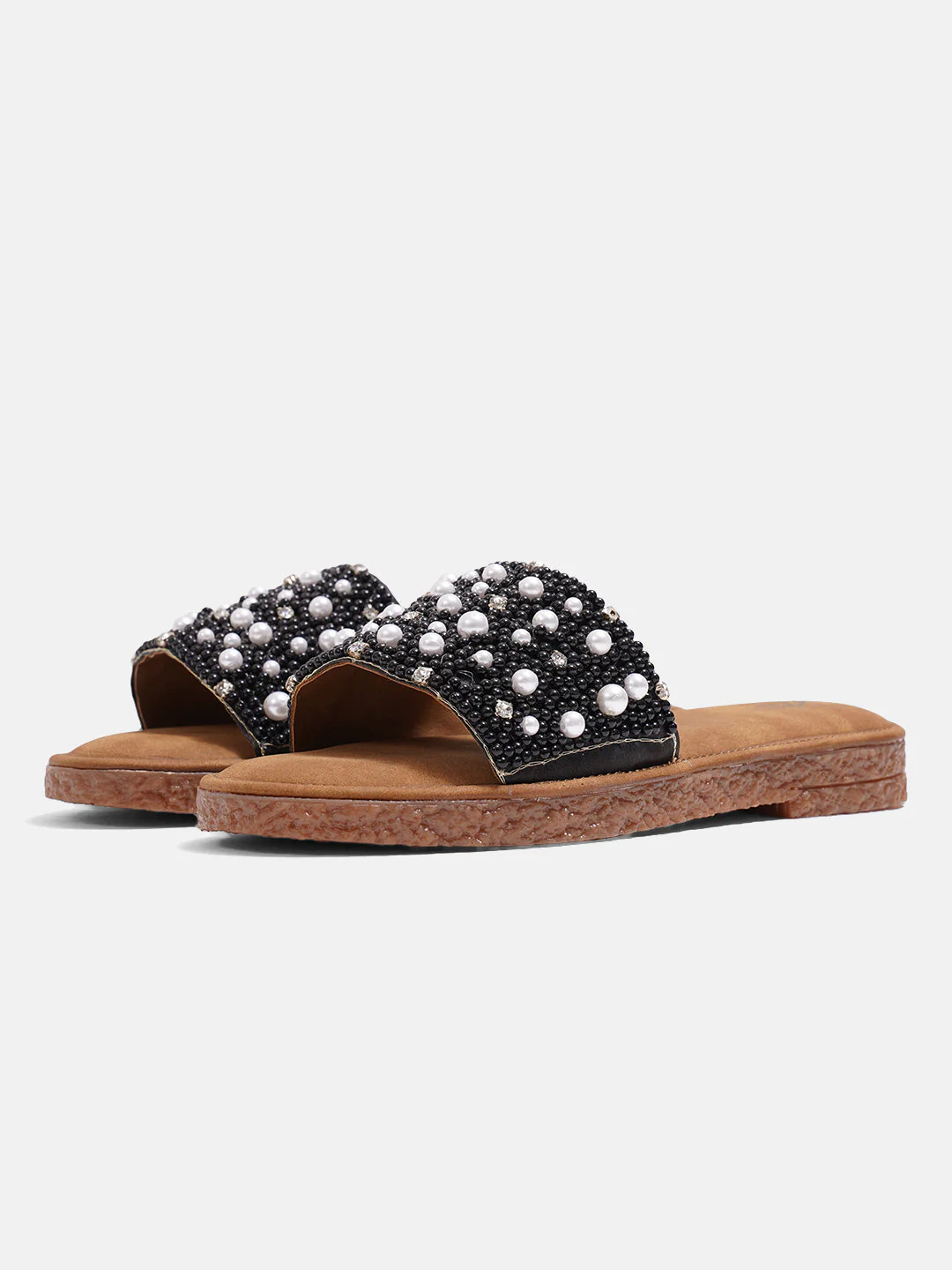 Pearl Embellished Rhinestone Flat Slides Sandals with Cushioned Suede Footbed Comfort. - Image 11