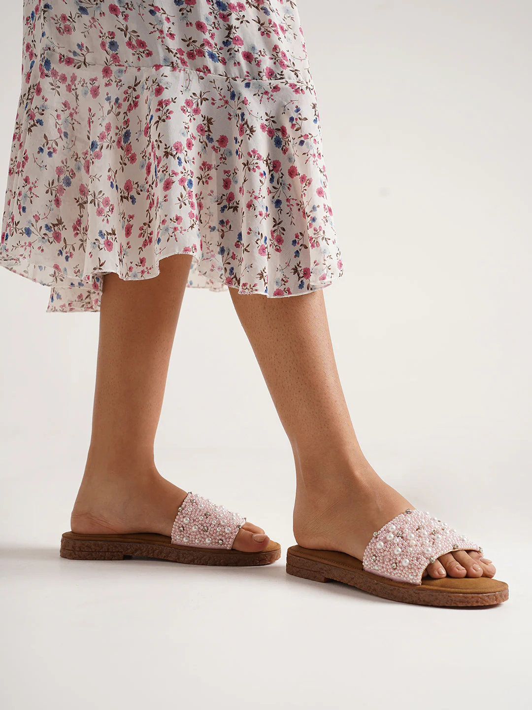 Pearl Embellished Rhinestone Flat Slides Sandals with Cushioned Suede Footbed Comfort. - Image 14